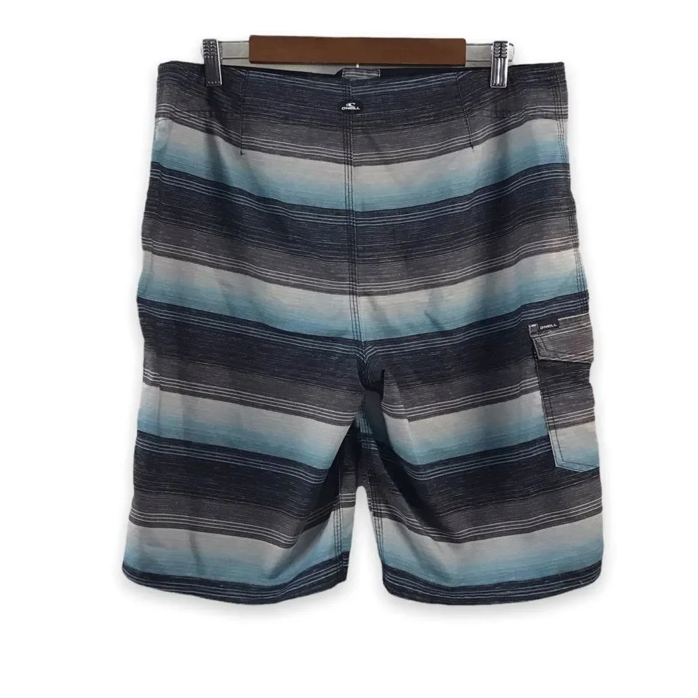 O’Neill Men's Size 32 Hybrid Board Shorts Blue Gray Stripe Tie Waist Surf‎ Beach